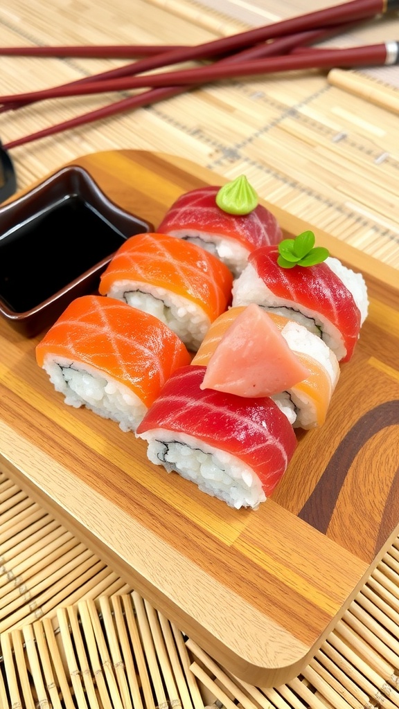 A close-up view of nigiri sushi with salmon and tuna on rice, garnished with wasabi, on a bamboo mat.